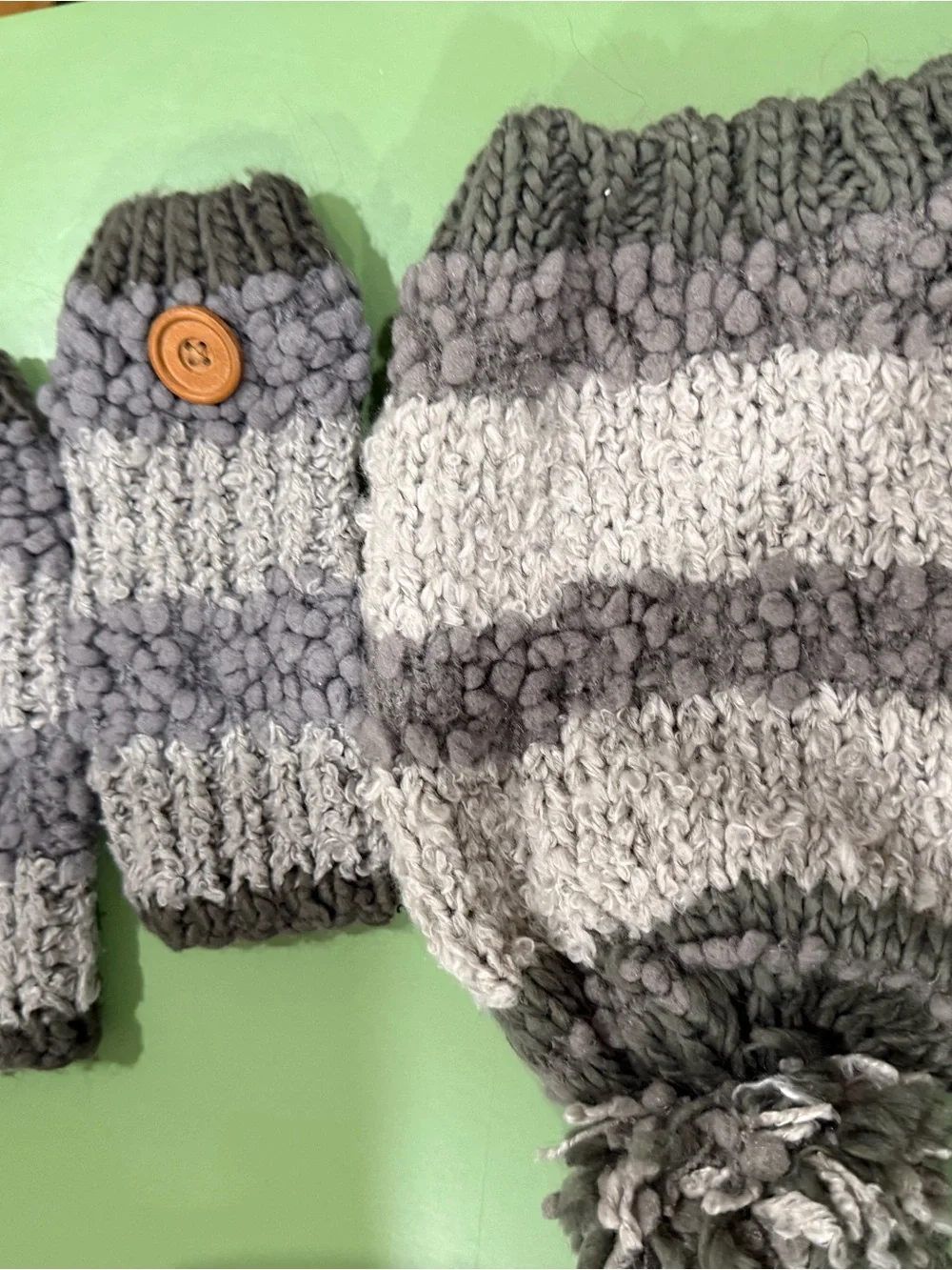 Striped Gray Knit Pom Beanie and Mittens Set with Button Accent